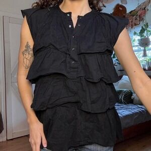 Nine West Jeans Black Tiered Ruffle Sleeveless Button Down Blouse Top Small